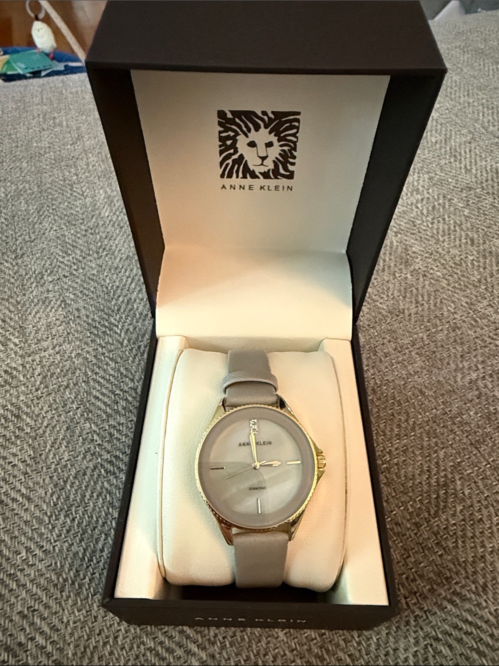 BNWT Anne Klein Gold Tone Case Watch with Gray Strap